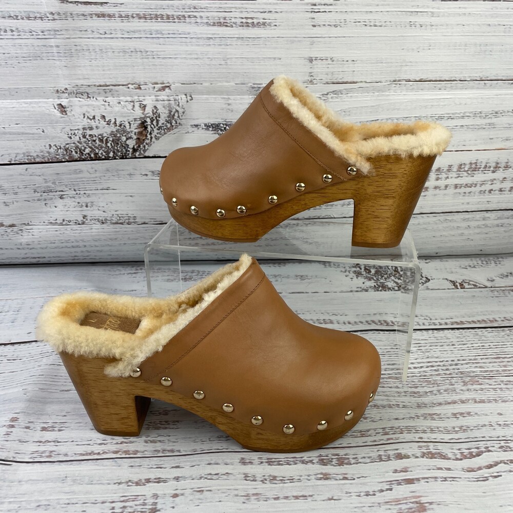 Beek Woodpecker Women's 7 US Shearling Clogs Mules Dark Tan Leather
